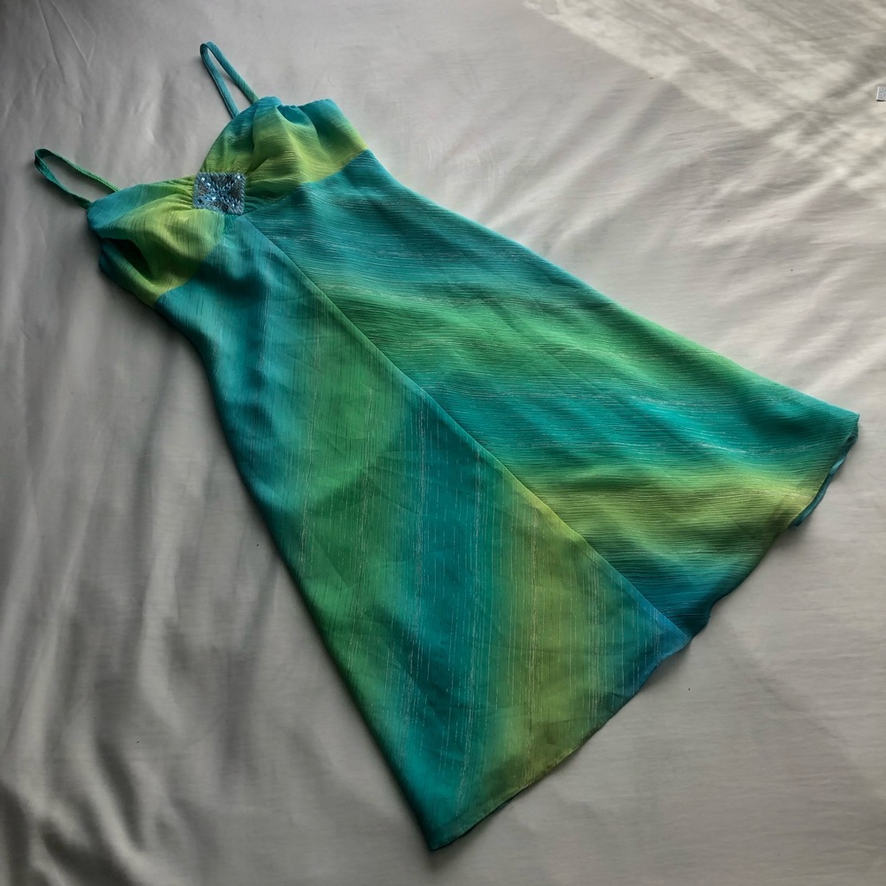 Vintage Sequin Green Teal Ombre Midi Dress
